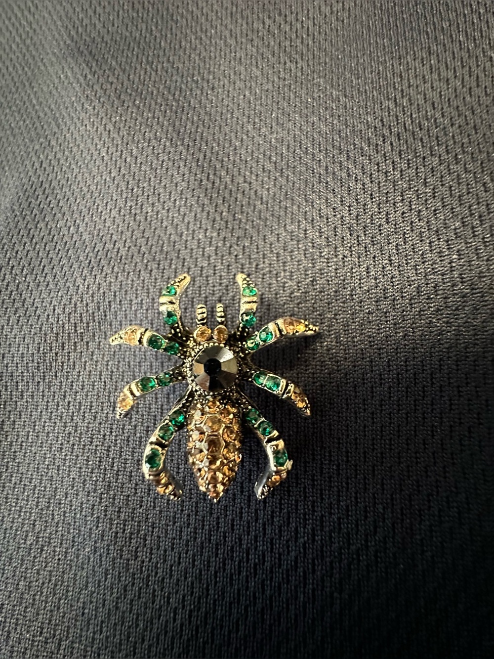 Gold & Green Spider Brooch with Black Crystal Accent